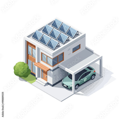 Modern sustainable home with rooftop solar panels and an electric car in the carport, representing green energy, eco-friendly living, and smart technology for an efficient future