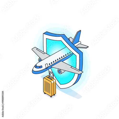 Comprehensive travel protection concept featuring an airplane, a shield, and luggage, symbolizing secure journeys and peace of mind for vacationers and international travelers alike