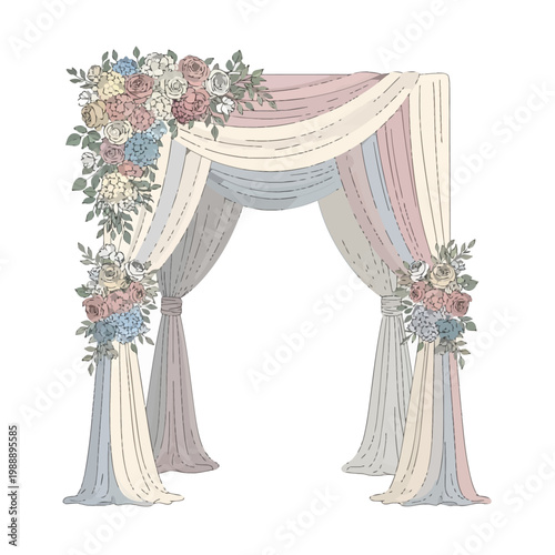 Elegant wedding arch with delicate draped fabrics and beautiful pastel floral arrangements, perfect for a romantic outdoor ceremony or special event setting