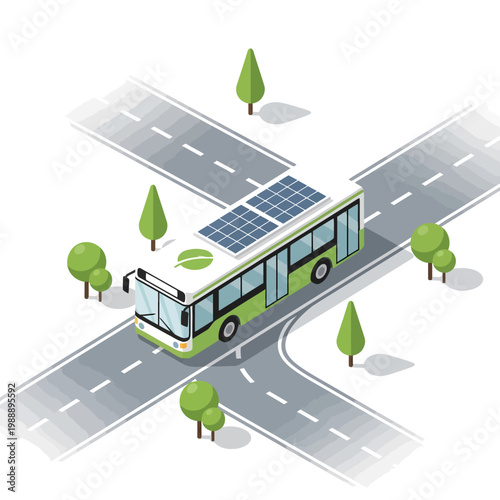 Isometric green public transport bus with solar panels, navigating urban roads. Symbolizes sustainable city mobility, eco-friendly transportation, and modern renewable energy