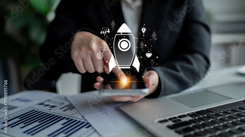 Foto Startup launch and business growth concept, rocket symbolism, entrepreneurship, startup innovation, and early-stage success strategies for new business development and expansion