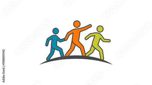 Colorful stylized figures walking together on a curved line, representing teamwork.