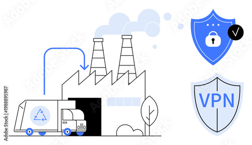 Cybersecurity concept. Cybersecurity ensures the safety of data in industrial operations. Cybersecurity safeguards sensitive information via locked access and VPN icons. For data security, industrial