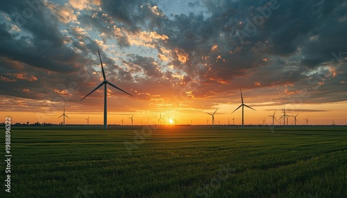 A wide landscape of a vast green field with several tall, modern wind turbines spinning under a dramatic sunset sky. Cinematic, inspiring, and powerful.