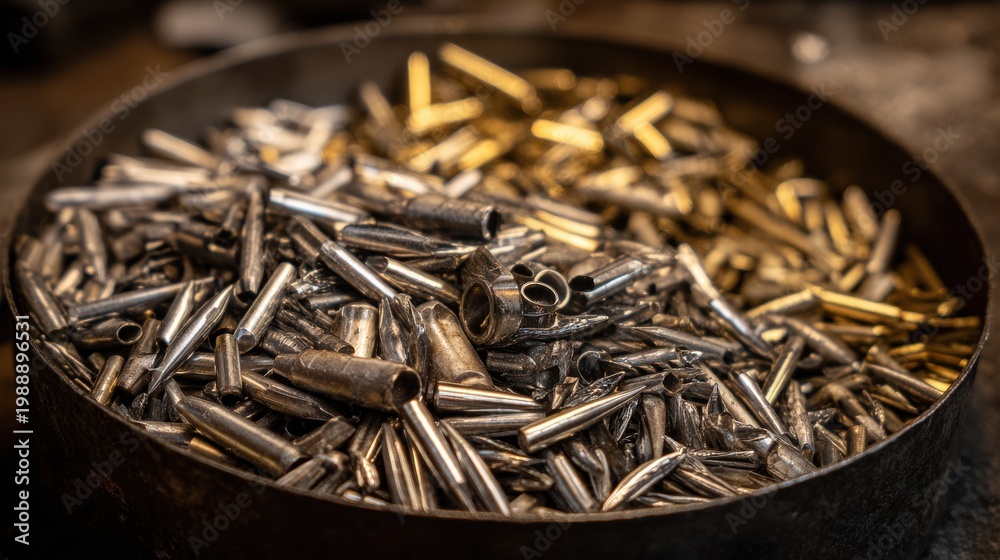 Fototapeta premium Pile of Spent Ammunition Cartridges Ready for Processing