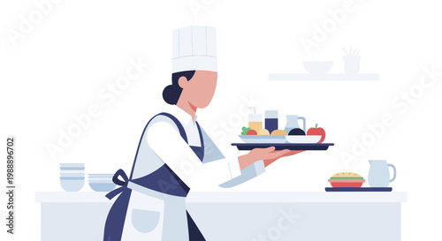 Female chef in uniform holding a tray of food and drinks.