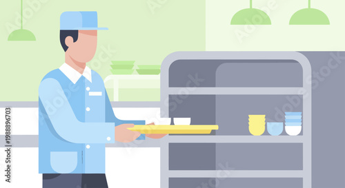 Male cafeteria worker in uniform serving food on a tray.
