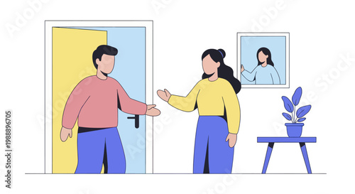 Man and woman shaking hands in a welcoming gesture at a doorway.