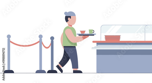 Man carrying a tray with food and drinks in a cafeteria line.