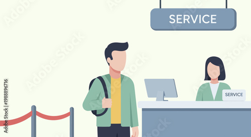 Man at Service Counter with Female Employee.