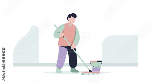 Man cleaning floor with mop and bucket, performing household chores.