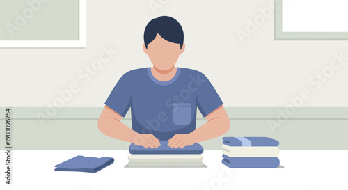 Man folding laundry at home, organizing clothes neatly.