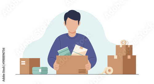 Man holding a cardboard box filled with various items, ready for shipping or storage.