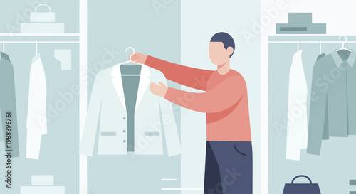 Man choosing clothes from his wardrobe, deciding what to wear for the day.
