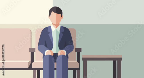 Man in a suit sitting on a bench, waiting patiently.