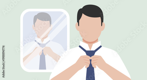 Man in white shirt tying a blue necktie in front of a mirror getting ready for work.