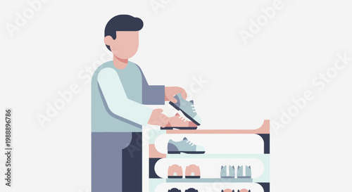 Man ironing clothes on an ironing board with a shoe rack nearby.