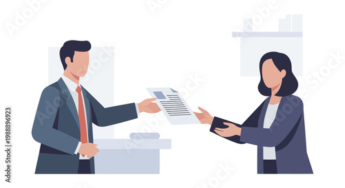 Valokuva Professional man handing document to woman in office setting.