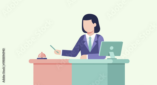 Professional female hotel receptionist at front desk with bell and computer.