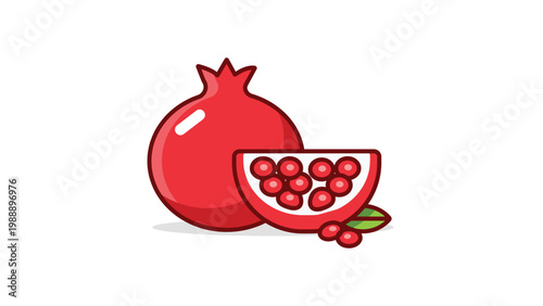 Pomegranate Vector Icon with Editable Stroke: Modern Flat Illustration of a Whole Pomegranate and a Slice with Seeds and a Leaf on White Background. Scalable Minimalist Design for Food Branding.