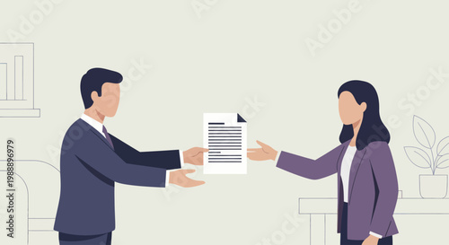 Two business people exchanging a document or contract.
