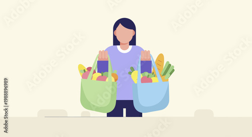 Woman carrying two full grocery bags after shopping trip.