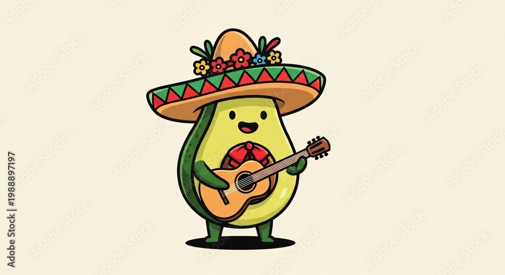Naklejka premium Aguacate mariachi con sombrero mexicano tocando guitarra, ilustración festiva de Cinco de Mayo, personaje kawaii celebrando cultura de México, arte vectorial para fiestas.