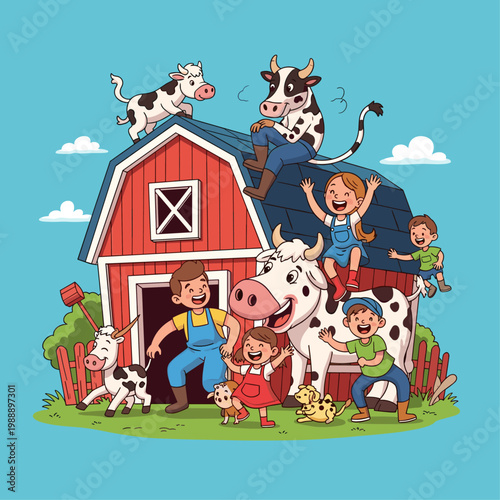 Children Playing With Happy Farm Cows.