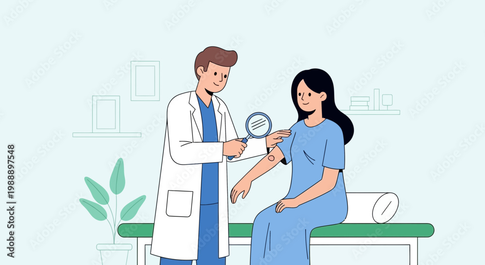 Obraz premium Dermatologist examines patient's arm with magnifying glass in clinic, medical checkup