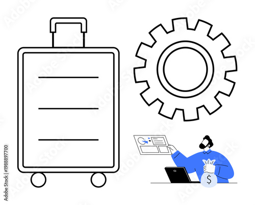 Business travel, budget planning, workflow optimization, corporate decisions, project management, and productivity. Gear, suitcase and a professional analyzing finances. Business travel and budget