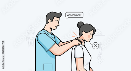 Doctor assessing patient's neck pain, physical therapy and medical examination concept