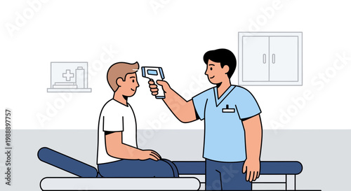 Doctor checking patient's temperature with infrared thermometer in clinic examination room