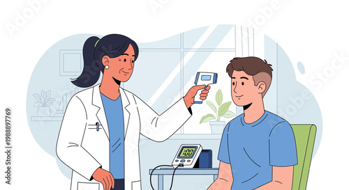 Doctor checking patient's temperature with infrared thermometer, medical check-up