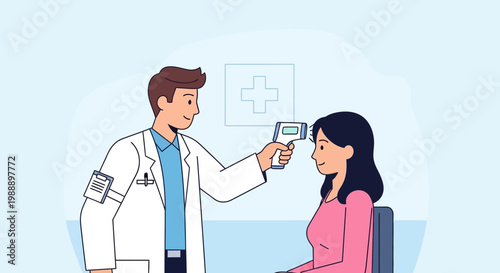 Doctor checking patient's temperature with infrared thermometer, healthcare concept