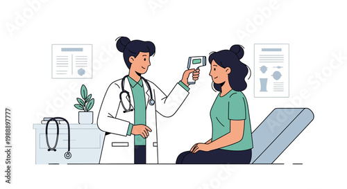 Doctor checking patient's temperature with infrared thermometer in clinic examination room