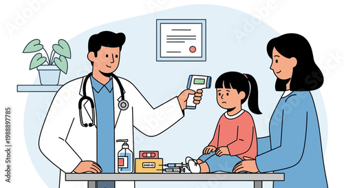 Doctor checks child's temperature with infrared thermometer, mother present, medical examination
