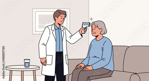 Doctor checks elderly woman's temperature with infrared thermometer at home, healthcare concept