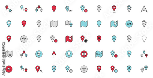 GPS and Maps icon set. Vector illustration pack featuring map, compass, star, location, navigation, tracking, pin, route and more. Editable stroke.