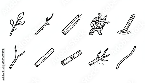 Collection of rough hand drawn line art sketches showing different wood sticks tree branches twigs and timber logs for nature design elements