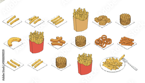 Assortment of fried potatoes and snacks with french fries fried food fast food potato wedges onion rings chicken nuggets side dish junk food