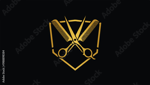 Golden barber scissors and comb emblem on black background with scissors hairdresser equipment isolated professional business industry template