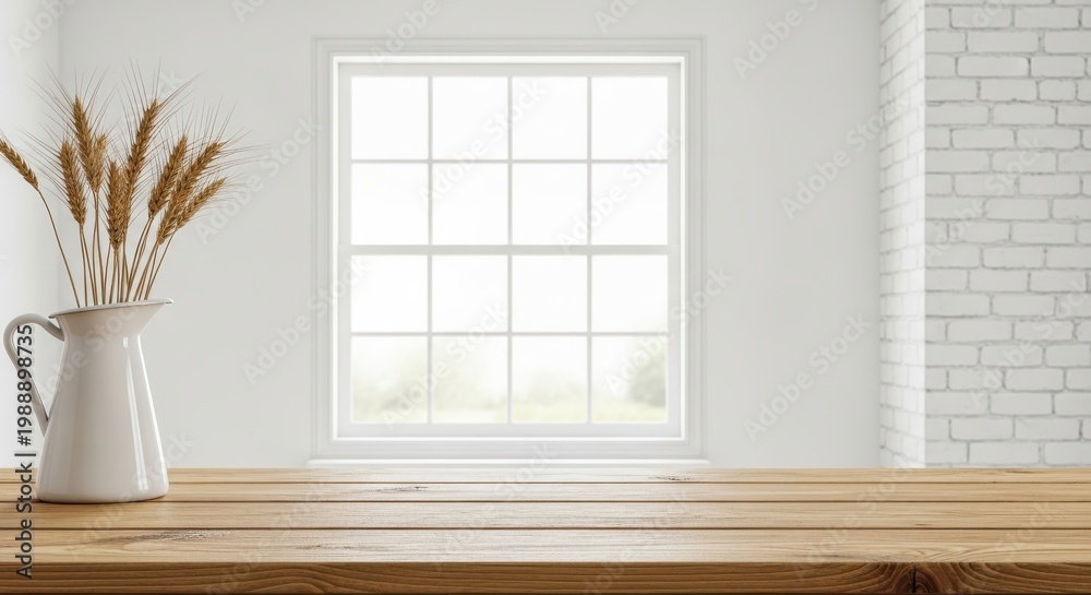 Fototapeta premium Dried wheat stalks stand in a white pitcher on a wooden table before a window.