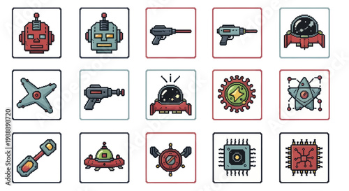 Collection of retro futuristic robot heads ray guns and sci fi gadgets.
