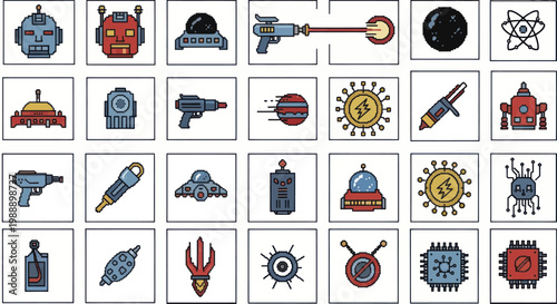 Collection of retro sci-fi icons featuring robots, spaceships, and futuristic weapons.