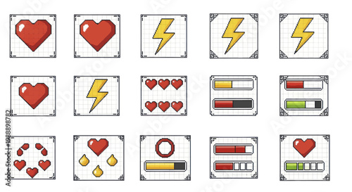 Collection of Retro Video Game Icons for Health Energy and Power Ups.