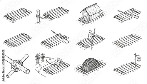 Isometric line drawings of traditional bamboo rafts and structures with line art isometric illustration traditional transport structure primitive