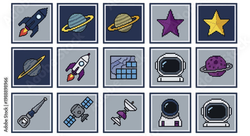 Collection of space themed icons including rockets planets stars and astronaut helmets.