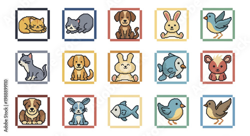 Collection of various cartoon animal icons in square frames.