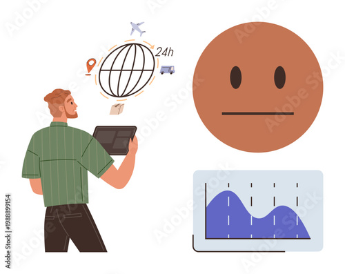 Global logistics, data analysis, user feedback, tracking systems, emotional response, and technology. Man with a tablet, globe icon neutral face and graph. Logistics and data analysis concept