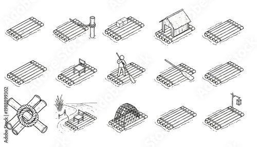 Collection of isometric drawings of various raft designs for transportation and shelter with transport watercraft illustration isometric collection